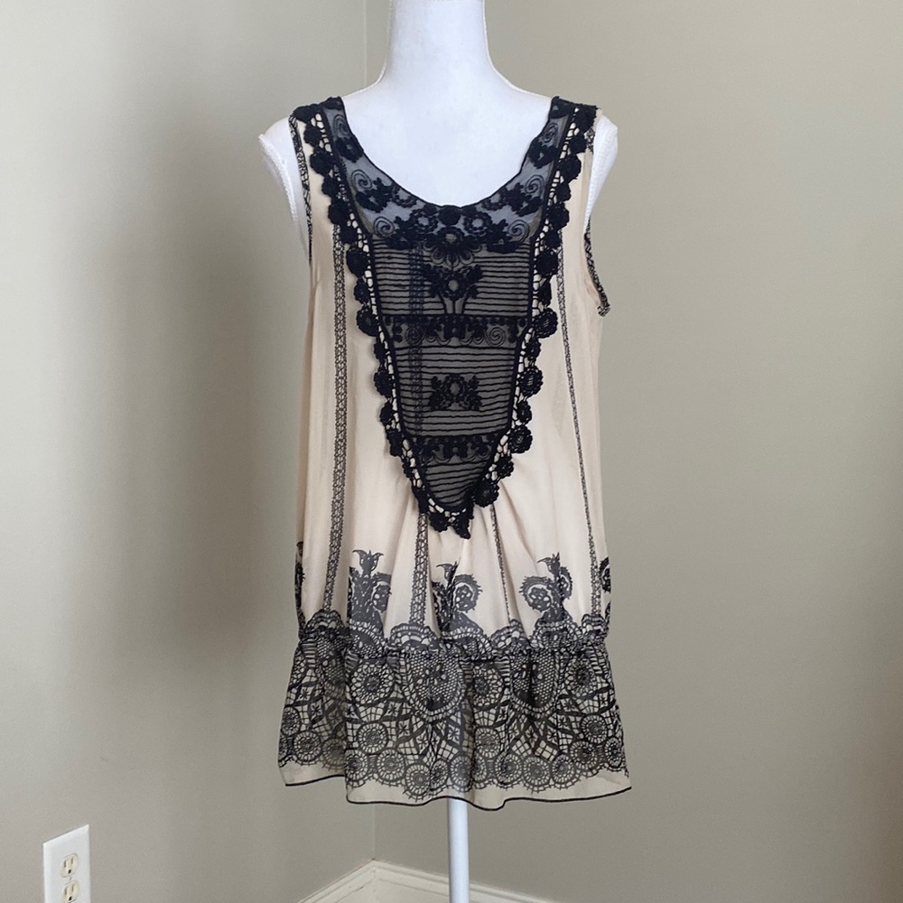 Off white Sleevless Long Tank Top with Black Embroidered and Lace Details